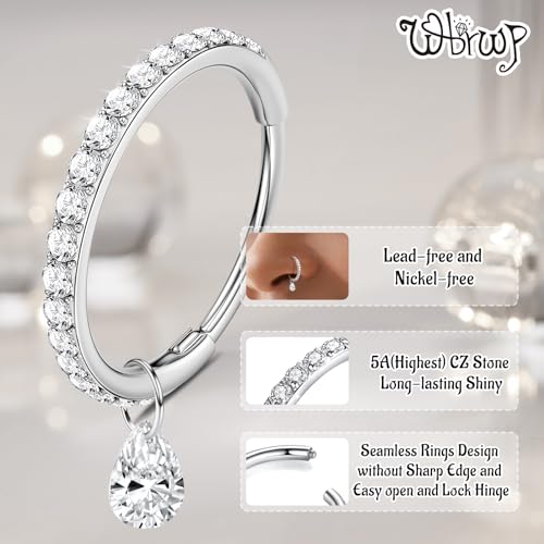 WBRWP 316L Stainless Steel Nose Hoop Rings Clicker with Zircon/Opal 14g-20g | Hypoallergenic Nose Rings Segment Clicker Lip Rings Cartilage Rook Conch Earrings Diameter 5mm-10mm - color: Silver ring with zircon and dangle-1pc pack