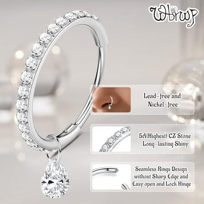 WBRWP 316L Stainless Steel Nose Hoop Rings Clicker with Zircon/Opal 14g-20g | Hypoallergenic Nose Rings Segment Clicker Lip Rings Cartilage Rook Conch Earrings Diameter 5mm-10mm - color: Silver ring with zircon and dangle-1pc pack