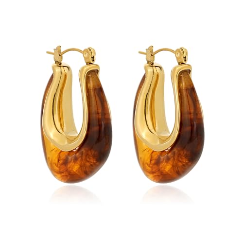Enamel Hoop Earring for Women 18k Gold Plated Chunky Two-Tone U/C Shaped Earring Enamel Jewelry Gift for Wife Girlfriend - color: Brown 1