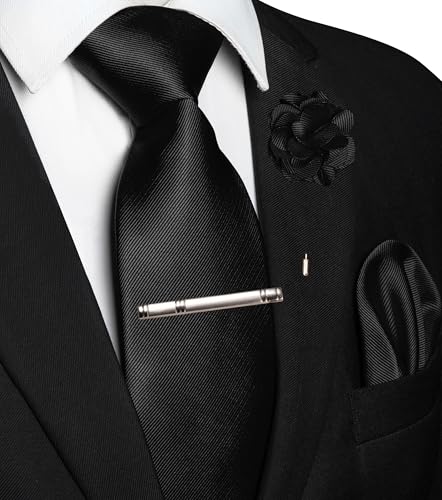 JEMYGINS Formal Necktie Solid Color Tie and Pocket Square with Tie Clip Lapel Pin Sets for Men 4PCS - color: Black