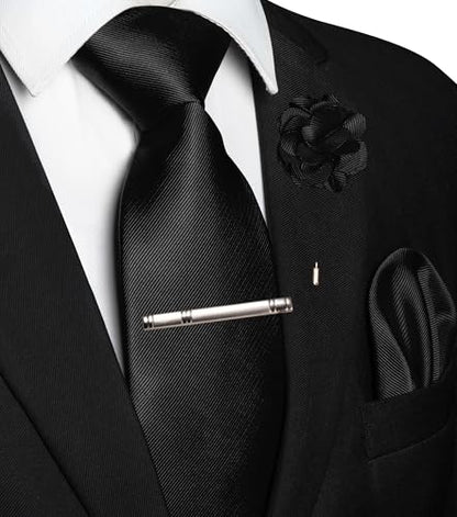 JEMYGINS Formal Necktie Solid Color Tie and Pocket Square with Tie Clip Lapel Pin Sets for Men 4PCS - color: Black