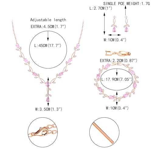 EVER FAITH Cubic Zirconia Pearl Leaf Bridal Jewelry Set for Bride Women | White Wedding Prom Necklace Dangle Earrings Bracelet, for Bridesmaid - color: CZ_Pink Rose Gold-Plated-Brass