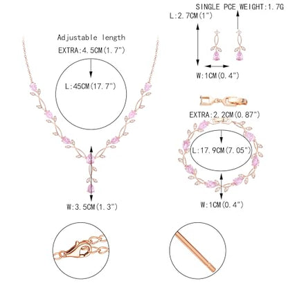 EVER FAITH Cubic Zirconia Pearl Leaf Bridal Jewelry Set for Bride Women | White Wedding Prom Necklace Dangle Earrings Bracelet, for Bridesmaid - color: CZ_Pink Rose Gold-Plated-Brass
