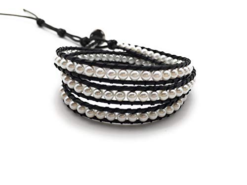 Handmade Alloy Leather Natural Stone Bead Statement Bracelet Bangle Cuff Rope 3 Wrap Adjustable Jewelry Collection - color: Shell Pearl & Black Leather Cord