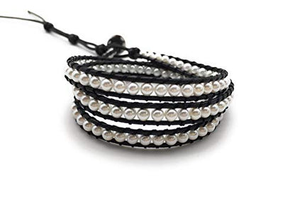 Handmade Alloy Leather Natural Stone Bead Statement Bracelet Bangle Cuff Rope 3 Wrap Adjustable Jewelry Collection - color: Shell Pearl & Black Leather Cord
