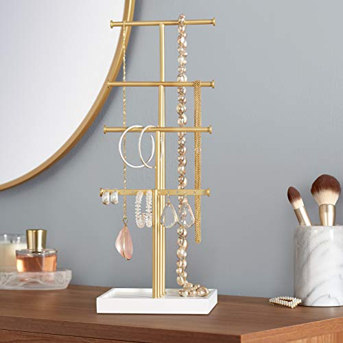 Amazon Basics Four-Tier Jewelry Organizer Tree Stand, Necklace Earring Bracelet Holder with Ring Storage, White/Brass - color: White/Brass, style: Hanging