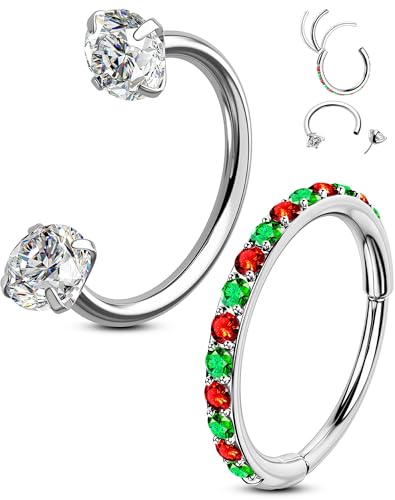 OUFER 2PCS Nose Rings Hoops, 20g Double Gem Horseshoe Threadless Nose Rings for Women, Septum Clicker Daith Tragus Helix Rook Eyebrow Lip Piercing Jewelry - color: Silver Xmas