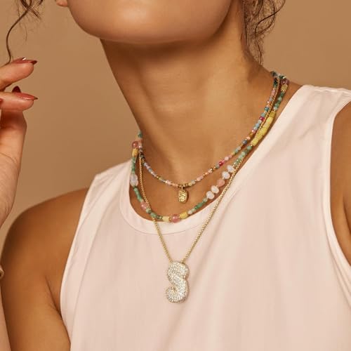 KissYan Beaded Choker Necklace for Women, Colorful Natural Gemstones Pearl Choker 14K Gold Plated Pendant Healing Crystal Necklace Handmade Stone Jewelry Gift | 14K Gold Plated Pendant Necklaces, Natural Gemstones Pearl Choker, Healing Crystal Chain, Hand