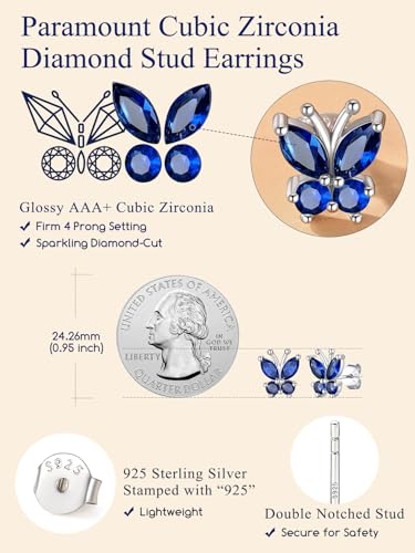 Suplight Butterfly Stud Earrings 925 Sterling Silver 14K Gold Brithstone Earrings for Women Brithstone Jewelry Gifts - color: 09.September ( Sapphire), size: Silver
