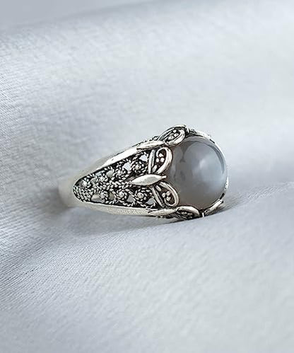 Filigranist 925 Sterling Silver Filigree Art Women Mini Dome Cocktail Ring with Gemstone, Gift Boxed - color: Grey Moonstone