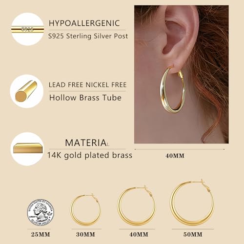 14K Gold Plated Hoop Earrings for Women, 925 Sterling Silver Hypoallergenic Post Hoops 30/40/50mm,Thick Infinity Hoops Small Trendy Chunky Earrings - color: Yellow Gold, size: 50mm