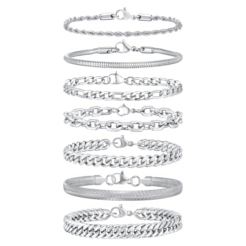 VNOX 5/7 Pcs Chain Bracelet for Men Women - Sturdy Stainless Steel Curb Width Cuban Link Chain Bracelet Set for Men Women,6.5/7/7.4/8.2/9 Inches - style: Steel Link 2