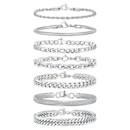 VNOX 5/7 Pcs Chain Bracelet for Men Women - Sturdy Stainless Steel Curb Width Cuban Link Chain Bracelet Set for Men Women,6.5/7/7.4/8.2/9 Inches - style: Steel Link 2