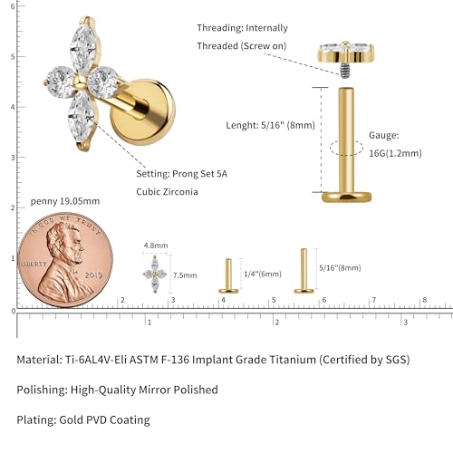 FINE4U 1PC ASTM F136 Titanium 16G Flatback Stud for Tragus, Helix, Conch 6mm 8mm - Screw on Cartilage Earring Piercing Jewelry - color: Four-Pointed Star C - Gold