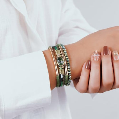 Boho Leather Wrap Bracelets Beaded Stackable Cuff Bracelet Country Concert Outfits Cowboy Cowgirl Western Jewelry Gifts for Women - color: Crystal-Green