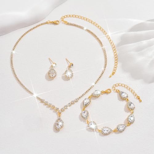 Unicra Bride Crystal Necklace Earrings Set Bridal Wedding Jewelry Sets Rhinestone Choker Necklace Prom Costume Jewelry Set for Women and Brides - color: D-3 Pack Gold Necklace Bracelet Earrings