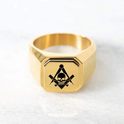 Stainless Steel Signet Biker Rings for Men, Masonic Symbol Square Flat Top (Black, Gold, Silver), Size 7-16 - color: Gold - Skull & Crossbones