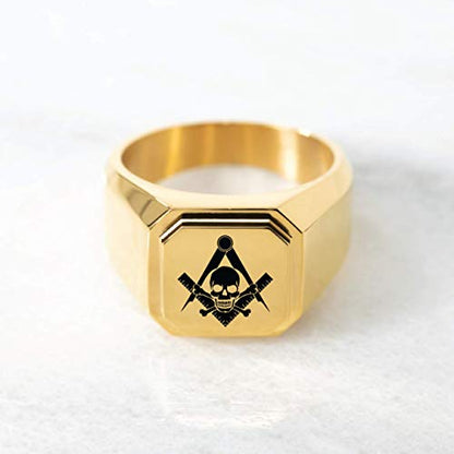 Stainless Steel Signet Biker Rings for Men, Masonic Symbol Square Flat Top (Black, Gold, Silver), Size 7-16 - color: Gold - Skull & Crossbones