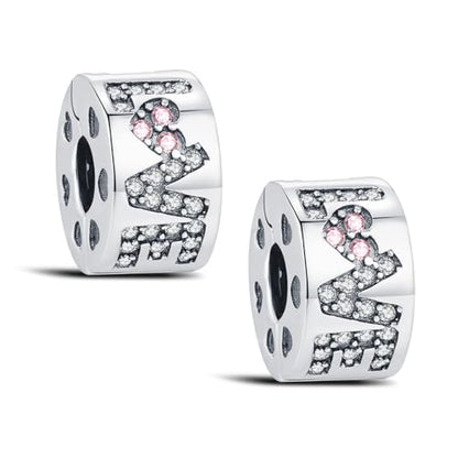 KEQ Clip Spacer Charm for Bracelet 925 Silver Pave Cubic Zirconia Clip Lock Stopper Bead Spacer For Women Bracelets Stopper Birthday Gifts European Openable Beads 2pcs - color: LOVE