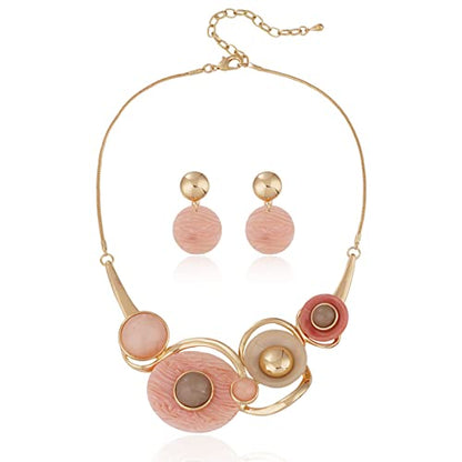 AMYJANE Vintage Statement Jewelry Set - Spring Leaf Flower Floral Plant Necklace Earring Set Crystal Rhinestone Fashion Costume Jewelry for Women Prom Party Unique Gift - style: ML Geometric Round Jewelry Set-Pink