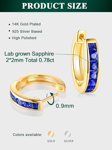 Chunky Emerald Sapphire Ruby Hoop Earrings, Princess or Round Cut, 14k Yellow Gold Plated Sterling Silver Cubic Zirconia Huggie Earings Minimalist Hoops Earrings for Women Wedding Daily Birthday - style: Princess cut -Sapphire -Gold