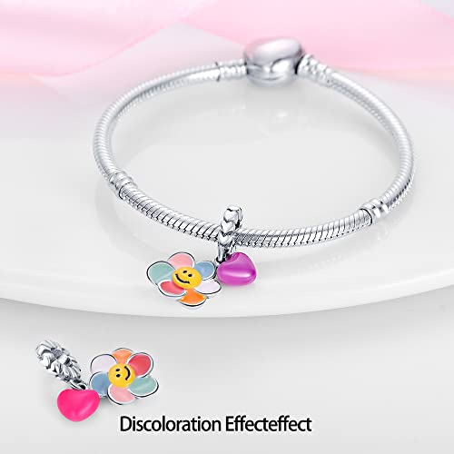 Pandach 925 Sterling Silver Charms for Bracelets and Necklaces Travel Round The World Beads Charms Relaxation Dangle Pendant,Jewelry Beads Gifts for Women - style: Sunflower and color chang heart Charm