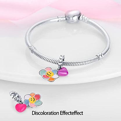 Pandach 925 Sterling Silver Charms for Bracelets and Necklaces Travel Round The World Beads Charms Relaxation Dangle Pendant,Jewelry Beads Gifts for Women - style: Sunflower and color chang heart Charm