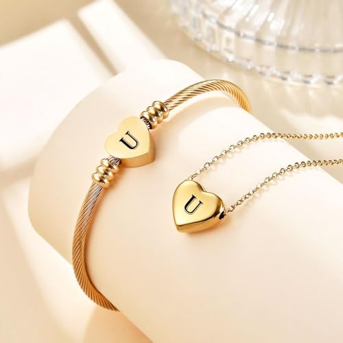 MYNENEY Necklace and Bracelet for Women Stainless Steel Initial Jewelry Set - color: Gold-U