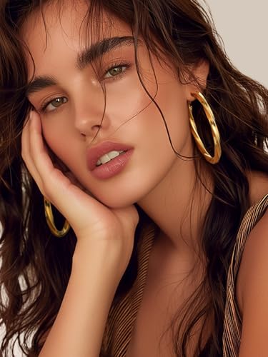 FindChic Twisted Hoop Earrings for Women, Silver/Black/14K Gold Plated Hypoallergenic Hollow Tube Rounded Loop Earrings, 30mm/40mm/60mm/80mm Hoops with Custom Name Options and Gift Box - color: c.Gold, size: 60MM