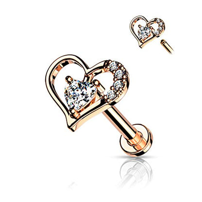 16GA Paved Heart Contour Heart CZ Solitaire Internally Threaded 316L Surgical Steel Flat Back Studs for Labret, Monroe, Cartilage and More - style: Rose Gold, 16GA, L.1/4" (6mm)
