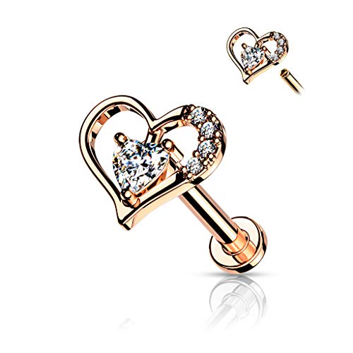 16GA Paved Heart Contour Heart CZ Solitaire Internally Threaded 316L Surgical Steel Flat Back Studs for Labret, Monroe, Cartilage and More - style: Rose Gold, 16GA, L.1/4" (6mm)