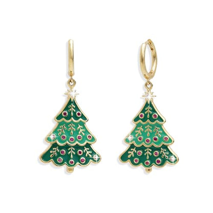 Sonateomber Gold Silver Small Hoop Dangle Earrings for Women, Trendy Dainty Rhinestone CZ Dangling Prom Wedding Leaf Flower Snowflake Butterfly Starfish Fashion Jewelry Gift - color: Green Tree