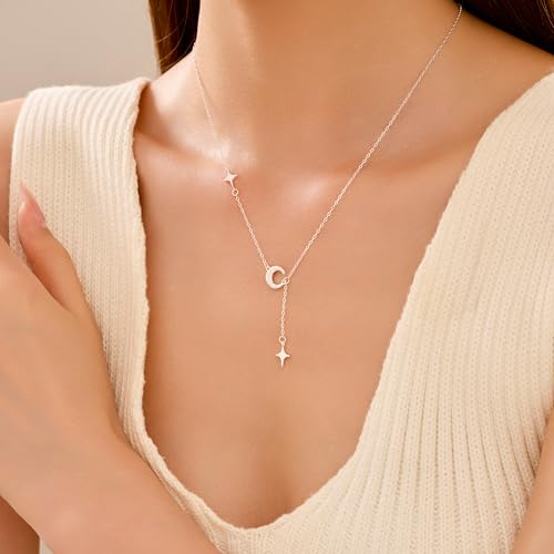 Dainty Crescent Moon Star Necklace for Women 925 Sterling Silver Y Shape Drop Lariat Necklace Trendy Pendant Choker Necklace Jewelry Birthday Ramadan Mothers Day Jewelry Gifts - color: Silver