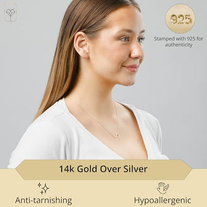 MAX + STONE 14k Gold Plated Sterling Silver Large Sideways Block Initial Letter Pendant Necklace for Woman with 16 Inches to 18 Inches Adjustable Chain and Spring Ring Clasp - style: Letter T
