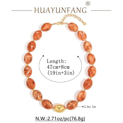 Chunky Beads Necklace for Women Trendy Gold Puffy Heart Choker Necklace Colorful Resin Beaded Heart Pendant Necklaces Statement Jewelry - color: Oval Beads-Orange