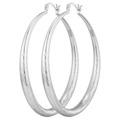 OOOPEL 925 Sterling Silver Hoop for Women Gold Hoop Earrings Hypoallergenic Diamond-Cut Ripples Designed - Non Tarnish Large Hoop Earrings(30/40/50/60/70mm) - color: Silver-70mm