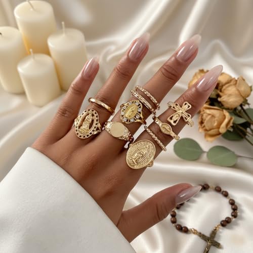Chunky Gold Rings for Women Non Tarnish, Baroque Pearl Flower Tiger's Eye Stone Rings Adjustable Stacking Statement Rings Set Fashion Jewelry Gifts - style: Cross_religious