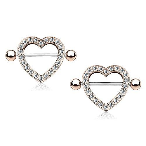 Pierced Owl - 14GA Stainless Steel Gem Paved Heart Nipple Shields, Sold as a Pair - style: Rose Gold Tone/Clear