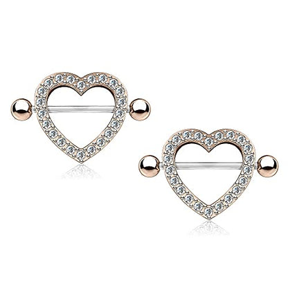 Pierced Owl - 14GA Stainless Steel Gem Paved Heart Nipple Shields, Sold as a Pair - style: Rose Gold Tone/Clear