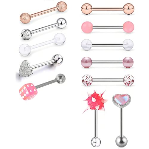 12Pcs Stainless Steel Tongue Rings 16G Curved Barbell Body Piercing Jewelry with Cubic Zirconia Heart Star Round Ball Tongue Cartilage Stud Piercing Jewelry for Women Men - color: Pink