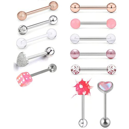 12Pcs Stainless Steel Tongue Rings 16G Curved Barbell Body Piercing Jewelry with Cubic Zirconia Heart Star Round Ball Tongue Cartilage Stud Piercing Jewelry for Women Men - color: Pink
