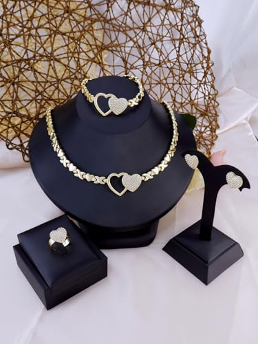 Women's Gold wedding Jewelry Set Tricolor Hugs Kisses Heart necklace set - color: 1 Heart Whith
