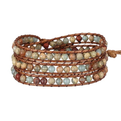 Plumiss Women Boho Handmade Natural Stone Crystal Leather Bead Wrap Bracelets Collection - style: 4mm Agalmatolite 3W