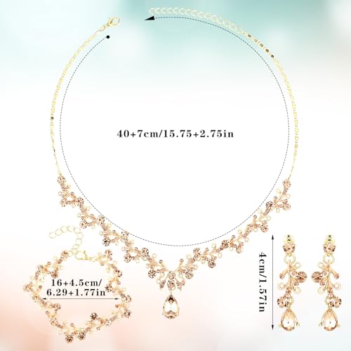 Rhinestone Wedding Jewelry Sets for Bridal Women Crystal Necklace Bracelet Earrings Set Prom Jewelry Set for Brides - color: Champagne Gold