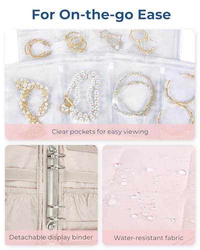 BAGSMART Jewelry Travel Case, Ring Binder Storage Book with Clear Pockets, Zippered Organizer for Necklace, Earrings, Rings, Bracelet, Pink