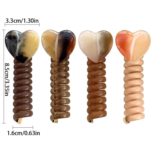 4Pcs Telephone Wire Hair Bands Spiral Hair Ties,Heart Decor Straight Phone Cord Hair Ties No Damage Coil Hair Ties Telephone Cord Hair Ties for Thick Hair Ponytail Holders Accessories for Women Girls