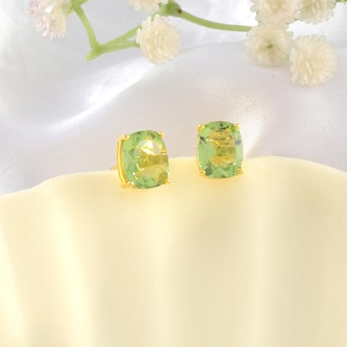 Women's 18K Gold Plated 8x10mm Princess Cut Gemstone Stud Earrings – Birthstone Jewelry for Her – Classic Cushion Studs - color: Green Amethyst