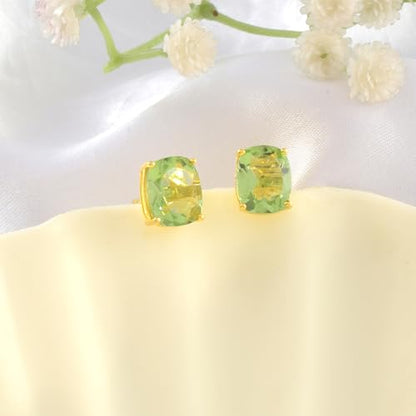 Women's 18K Gold Plated 8x10mm Princess Cut Gemstone Stud Earrings – Birthstone Jewelry for Her – Classic Cushion Studs - color: Green Amethyst