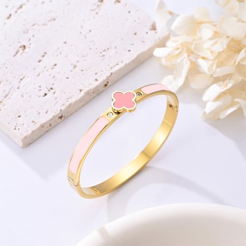 Clover Bracelets for Women Gold and Silver Chunky Oval Clover Bangle | 18k Gold Plated Stainless Steel,Precision Polished Non Tarnish,Black/White/Red/Pink/Orange Clover Bracelet Gifts for Women - color: Pink