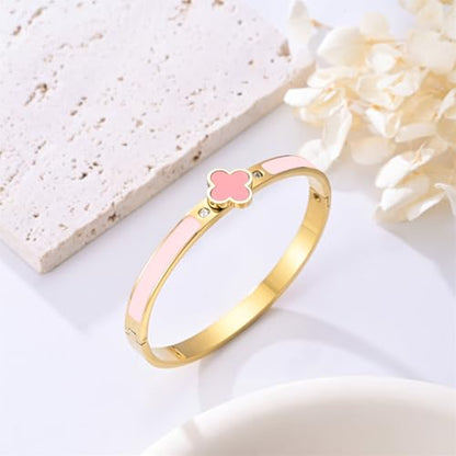 Clover Bracelets for Women Gold and Silver Chunky Oval Clover Bangle | 18k Gold Plated Stainless Steel,Precision Polished Non Tarnish,Black/White/Red/Pink/Orange Clover Bracelet Gifts for Women - color: Pink